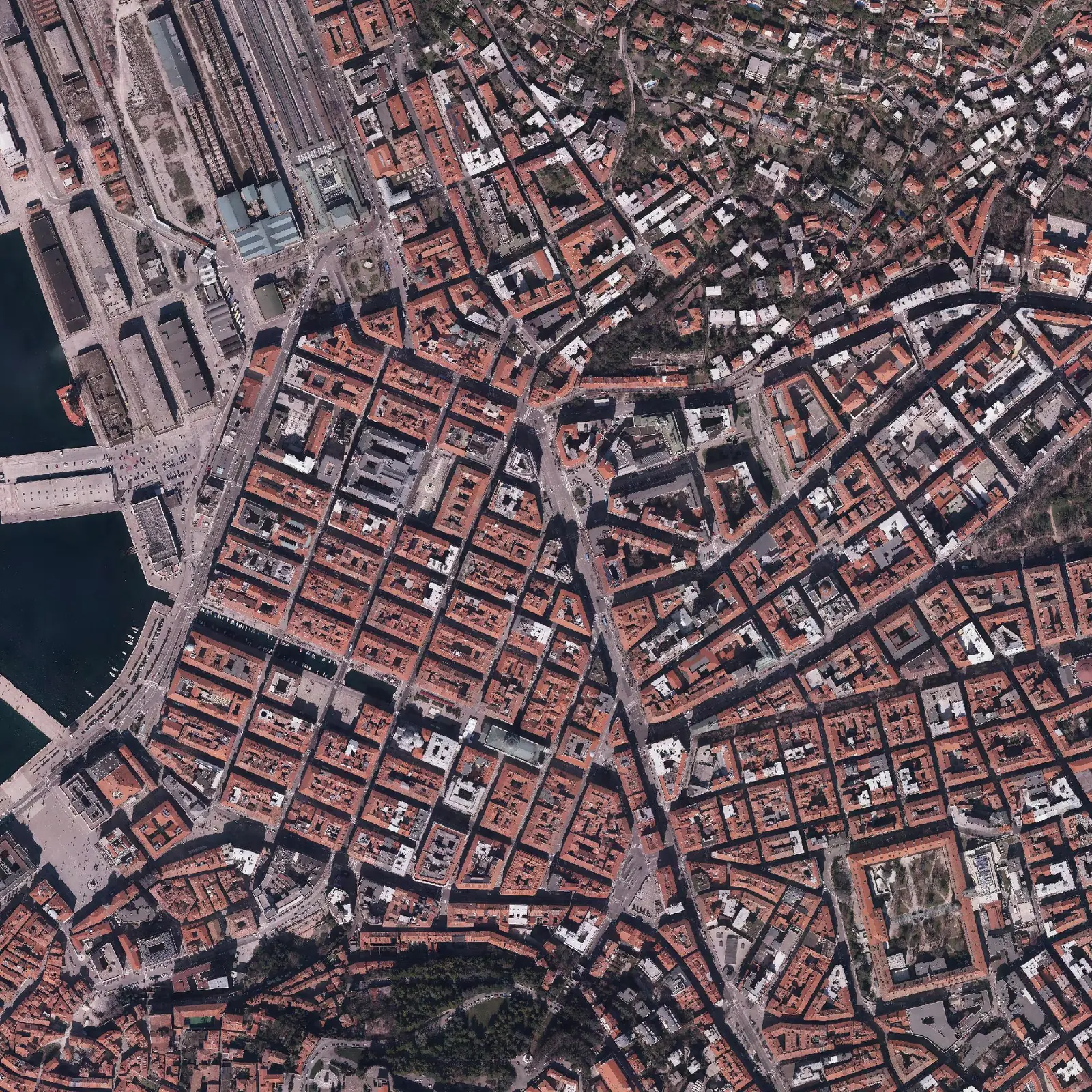 Central Trieste seen from above, north at the top, with the walking routes from the building